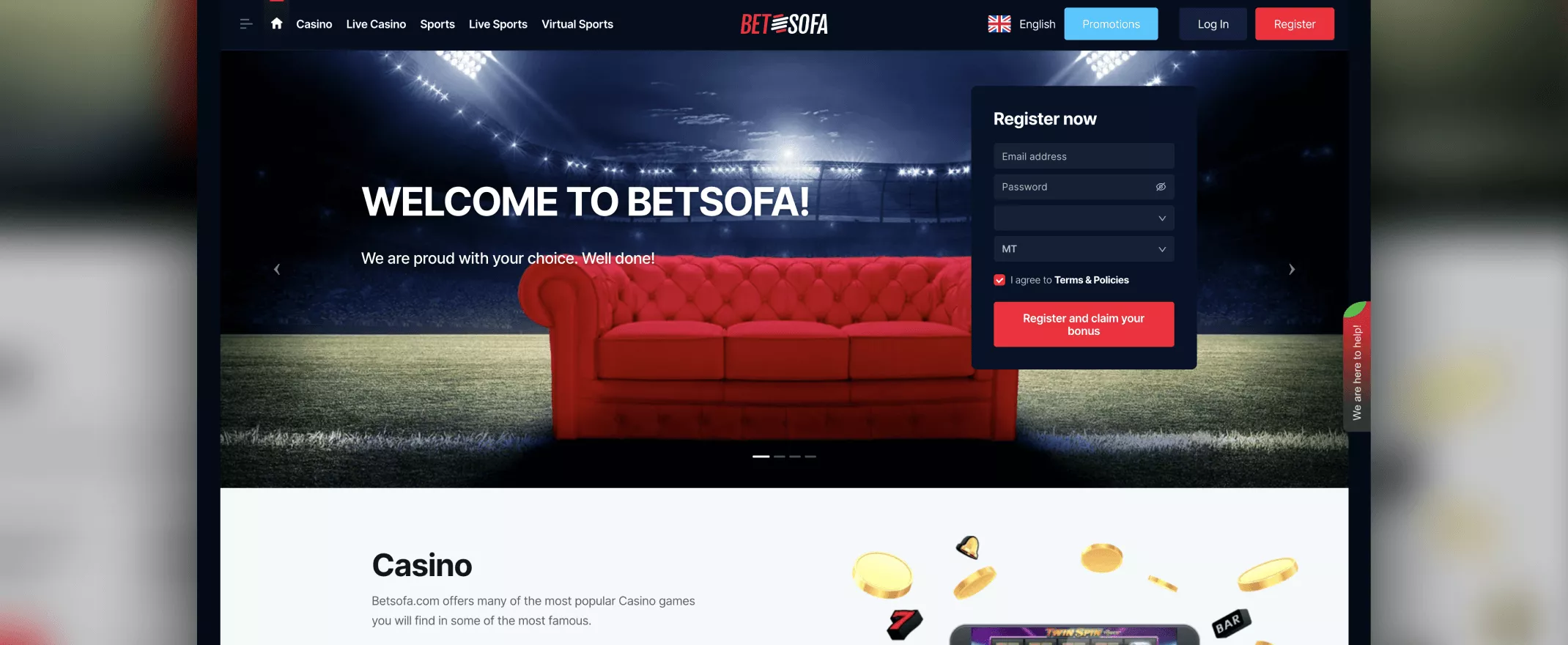 Betsofa screenshot of the homepage
