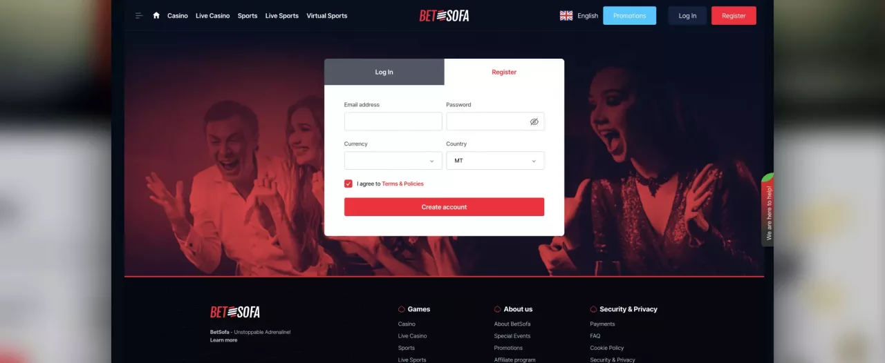 Betsofa registration screenshot