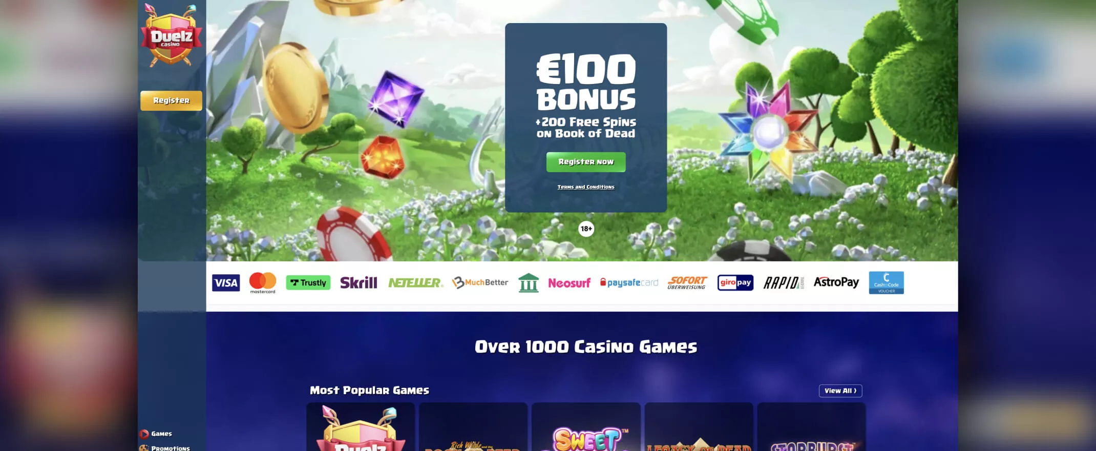 Duelz Casino screenshot of the homepage