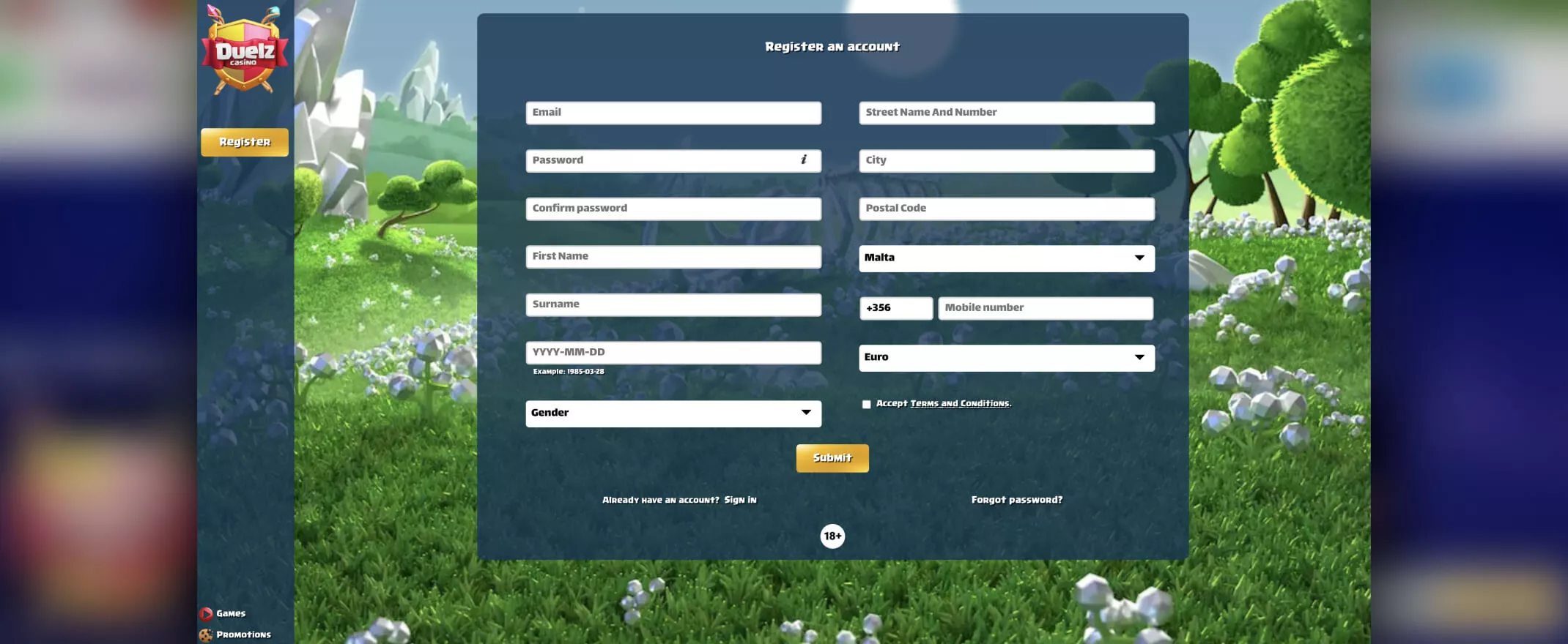 Duelz Casino registration screenshot