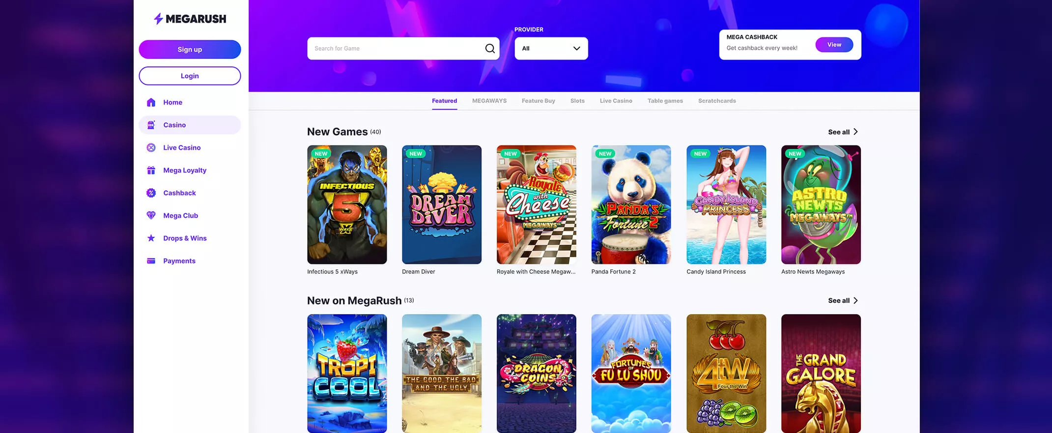 MegaRush casino screenshot of the games