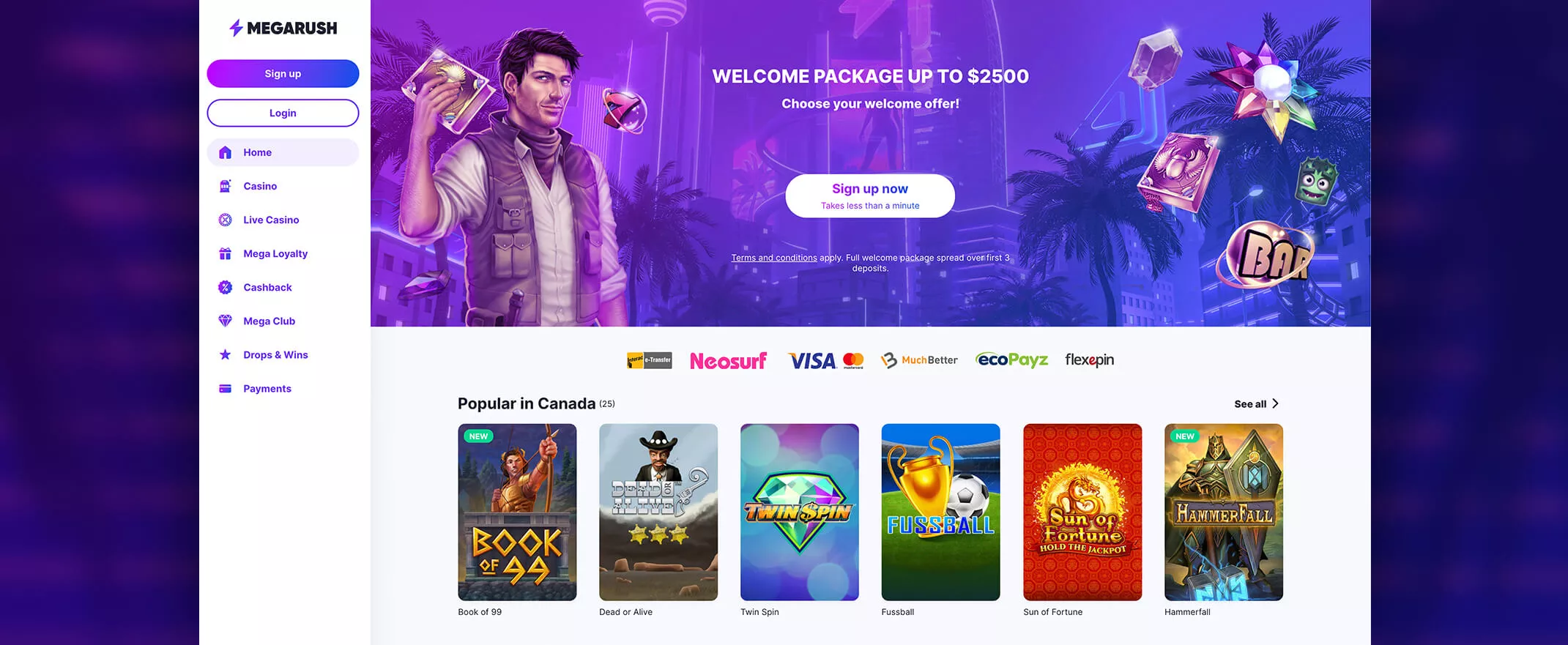 MegaRush casino screenshot of the homepage (Canada)