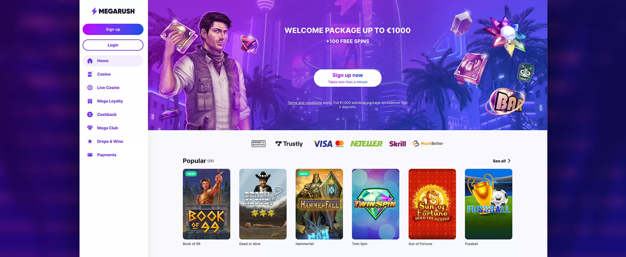 MegaRush casino screenshot of the homepage