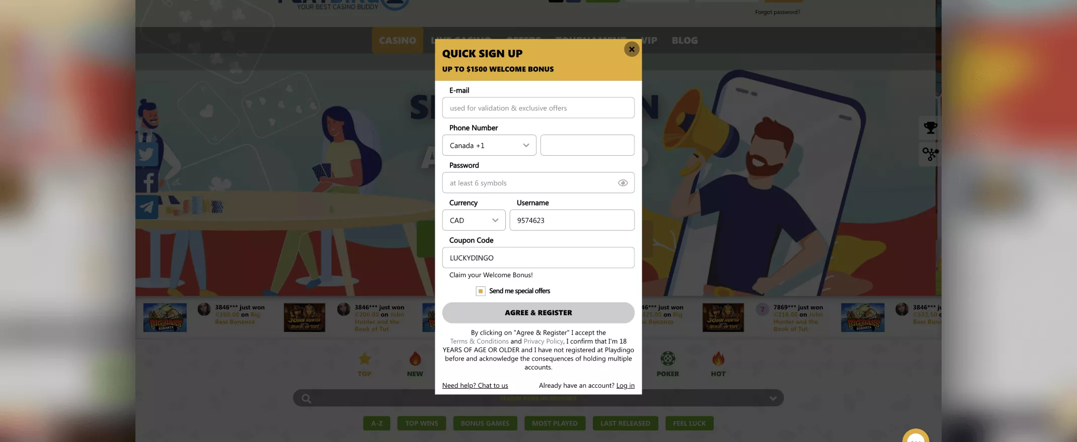 Playdingo screenshot of the registration