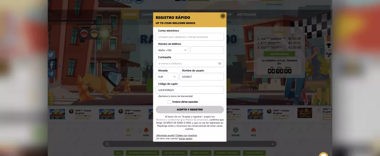 Registro en Playdingo Casino
