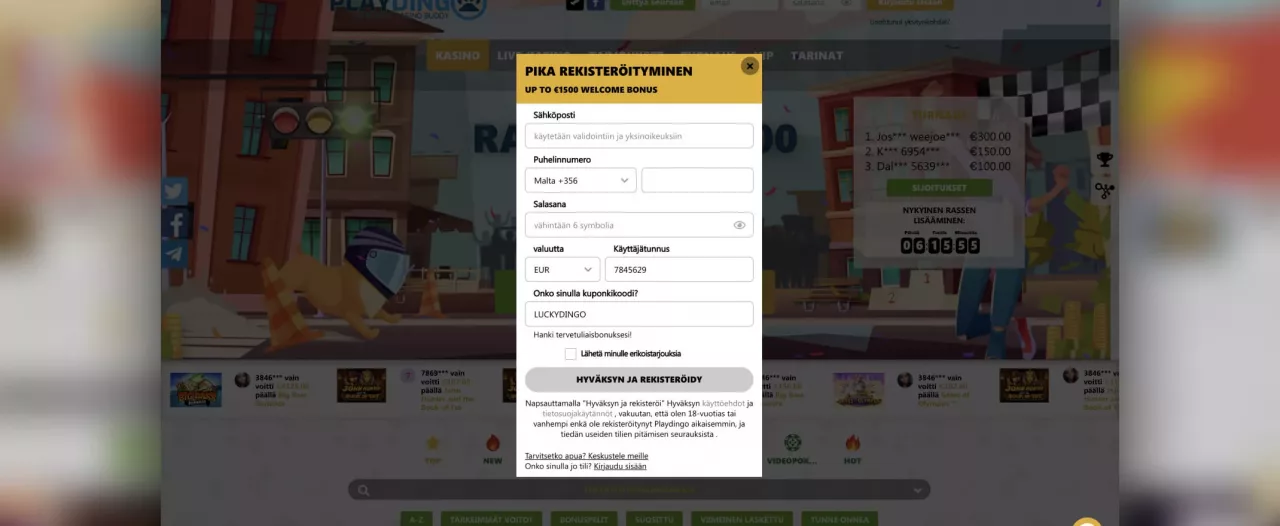 PlayDingo Casinolle rekisteröityminen