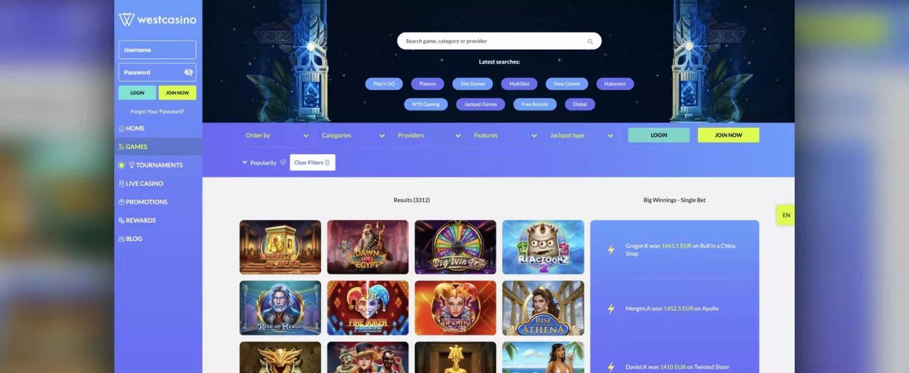 WestCasino Casino screenshot of the games page