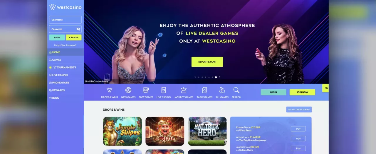 WestCasino Casino screenshot of the homepage