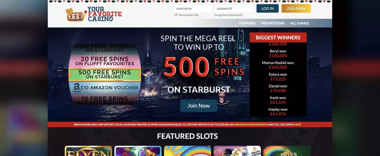 Your Favourite Casino screenshot of the homepage