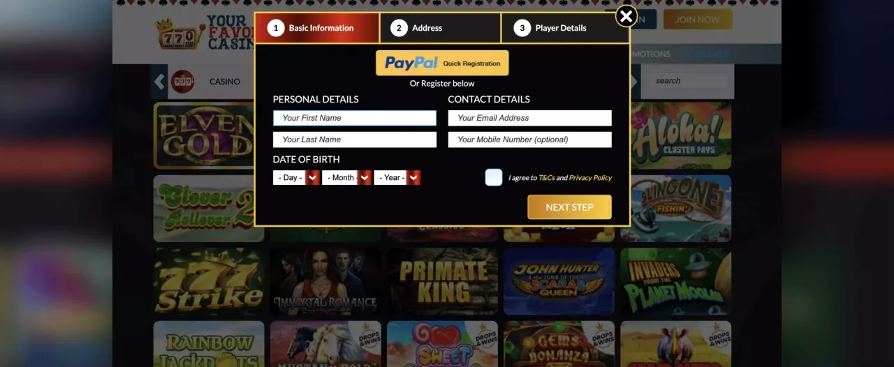Your Favourite Casino registration screenshot