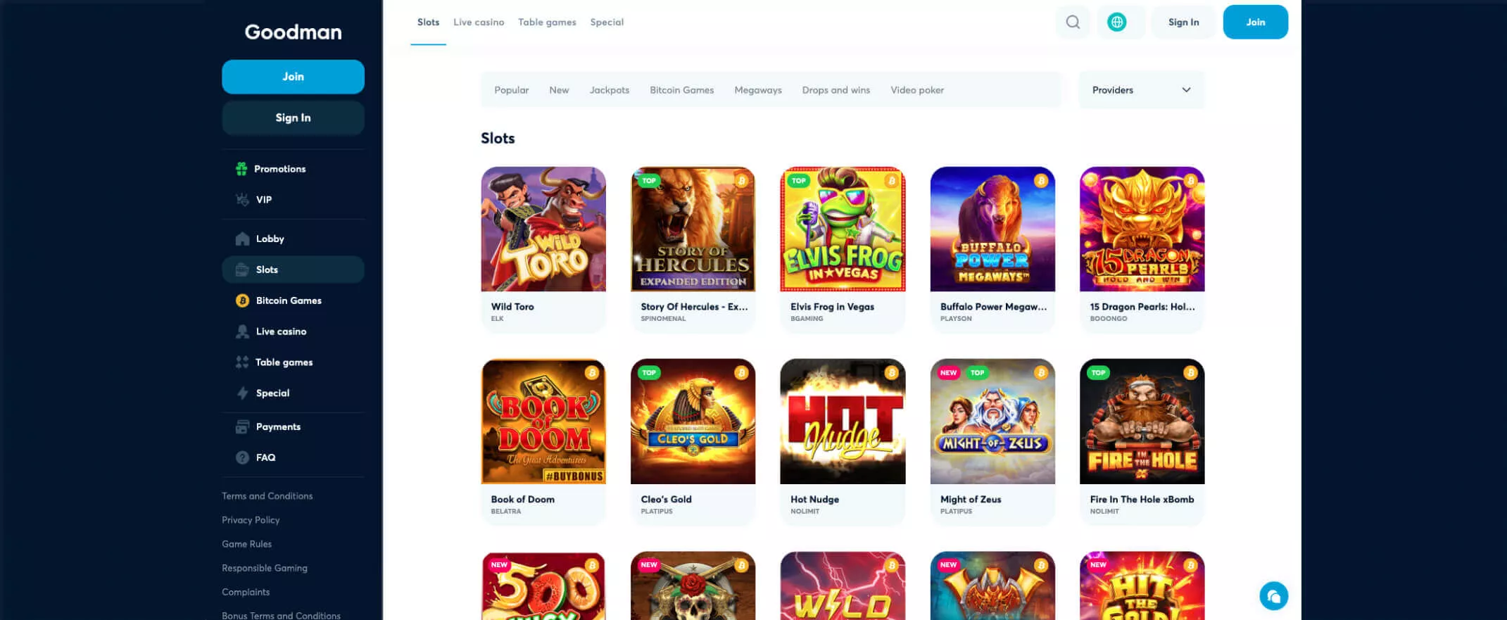 Goodman Casino screenshot of the games page