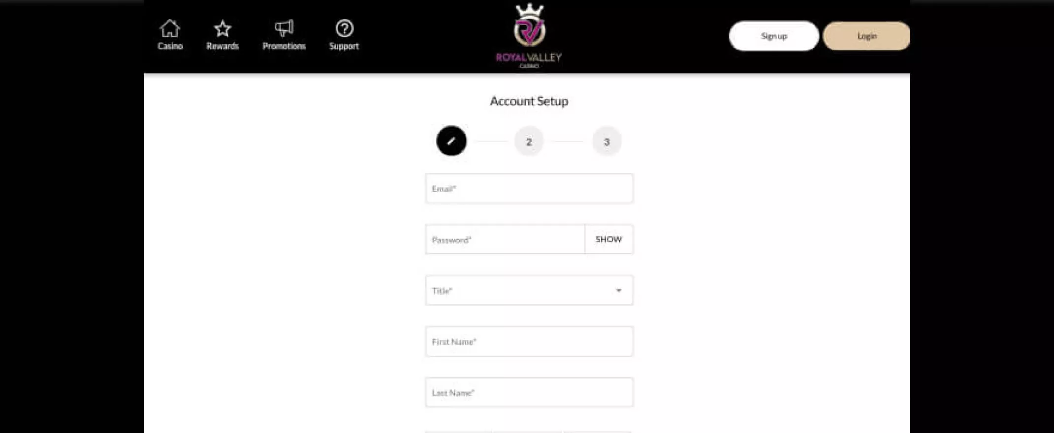 Royal Valley casino screenshot of the registration