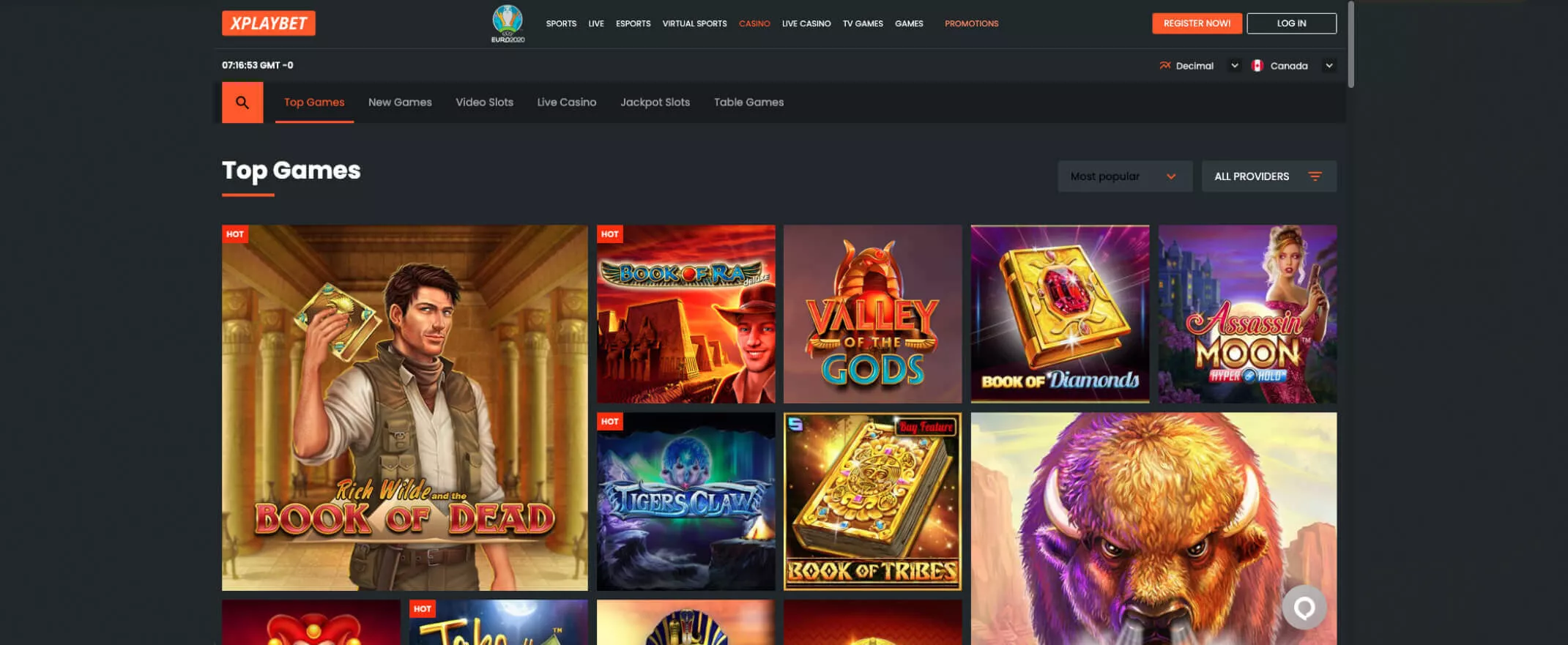 Xplaybet casino screenshot of the homepage (Canada)