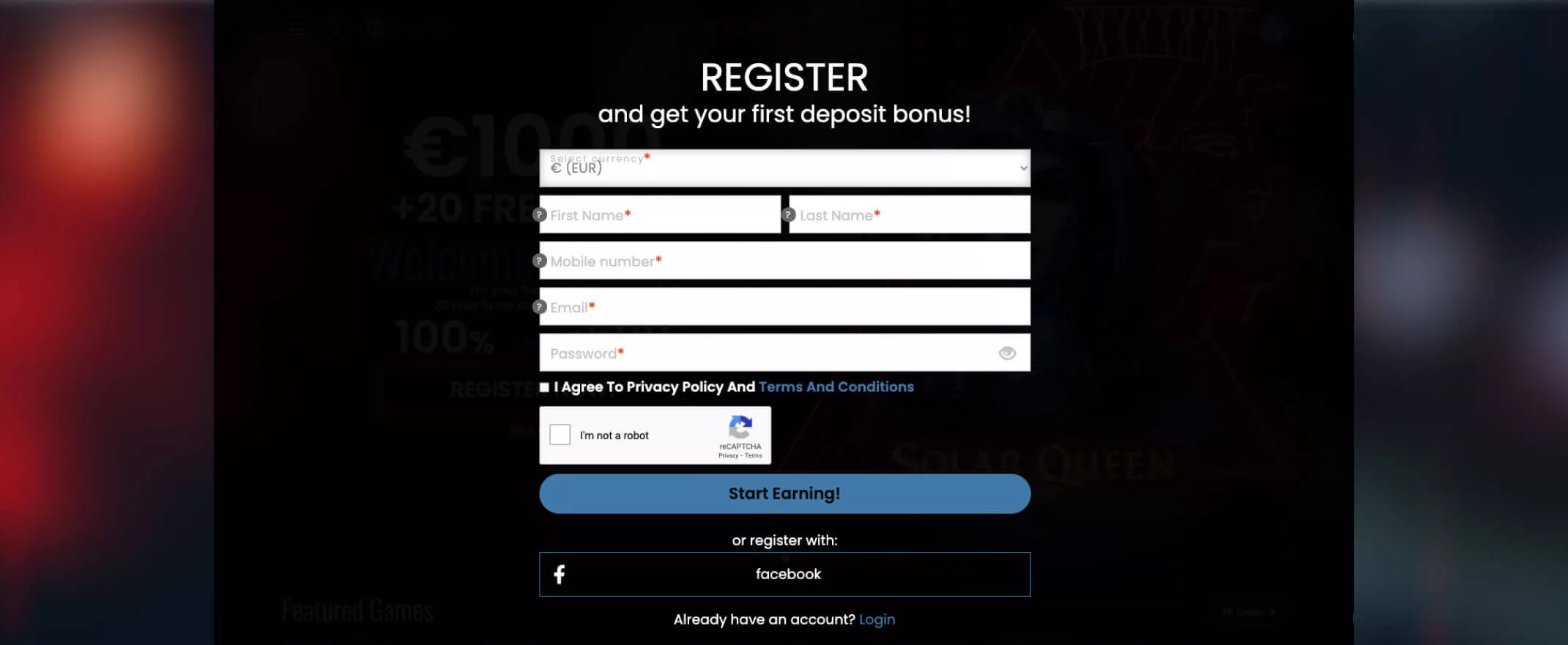 FireSlots registration screenshot