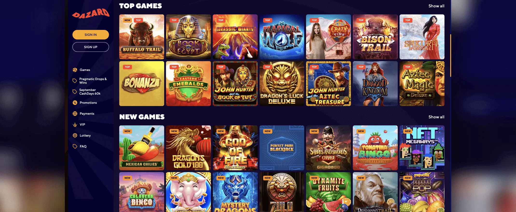 Dazard Casino screenshot of the games page