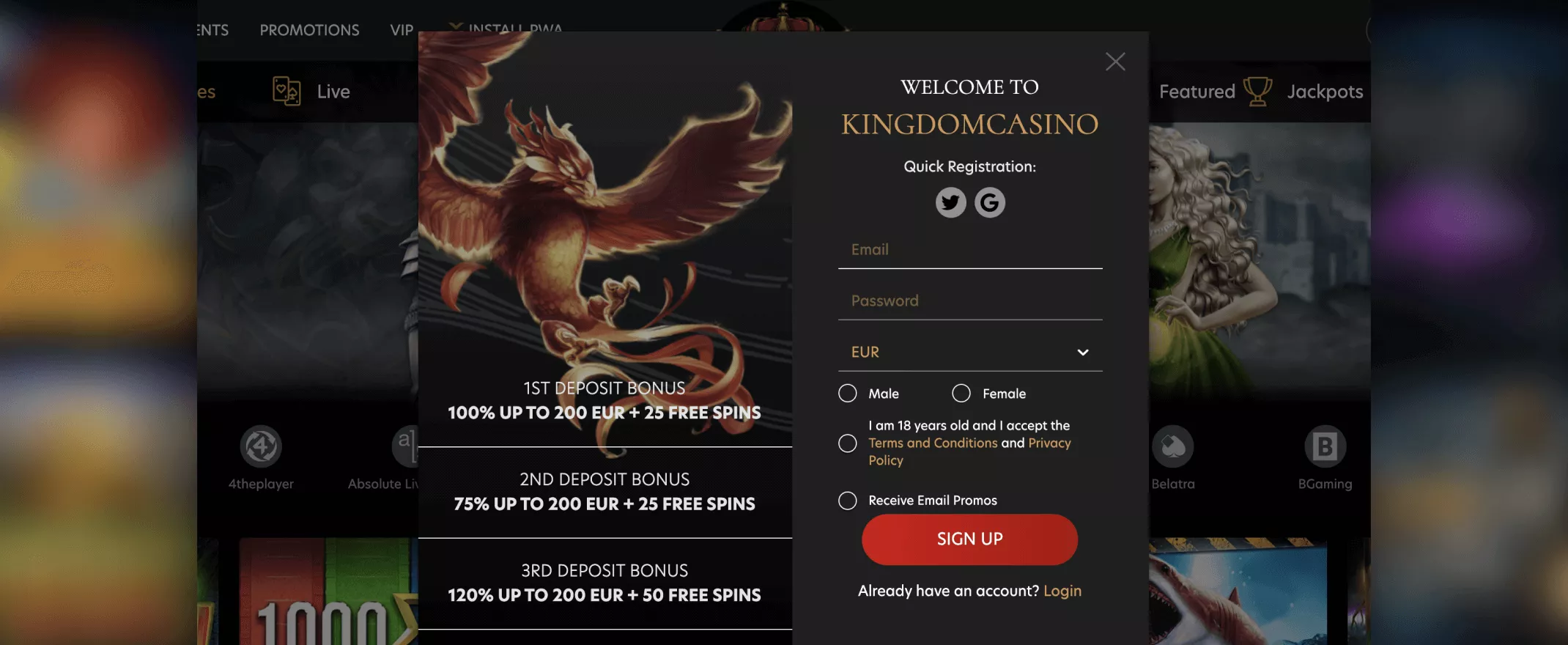 Kingdom casino registration screenshot