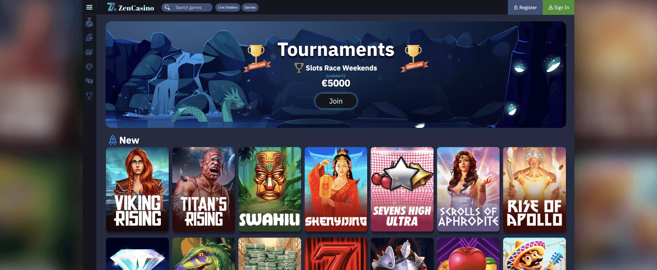 ZenCasino homepage screenshot