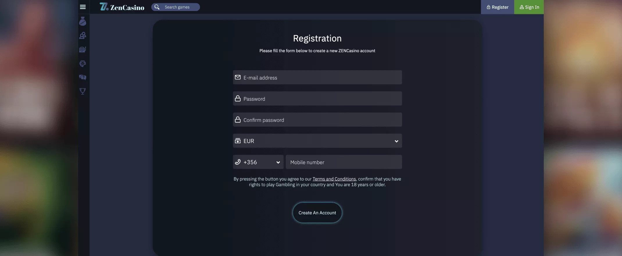 ZenCasino registration screenshot