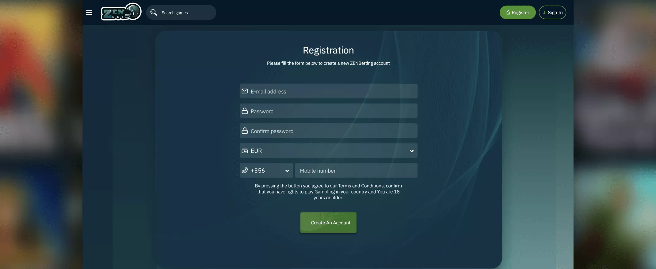 Zenbetting registration screenshot