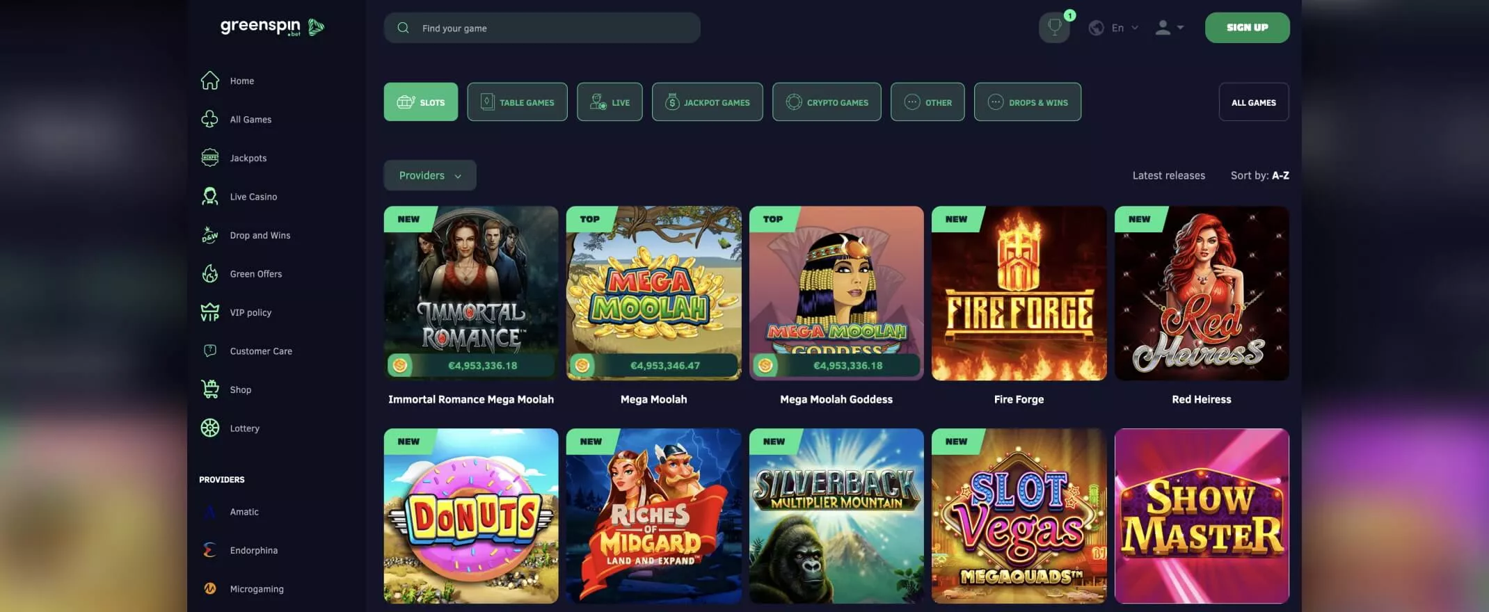 GreenSpins games screenshot