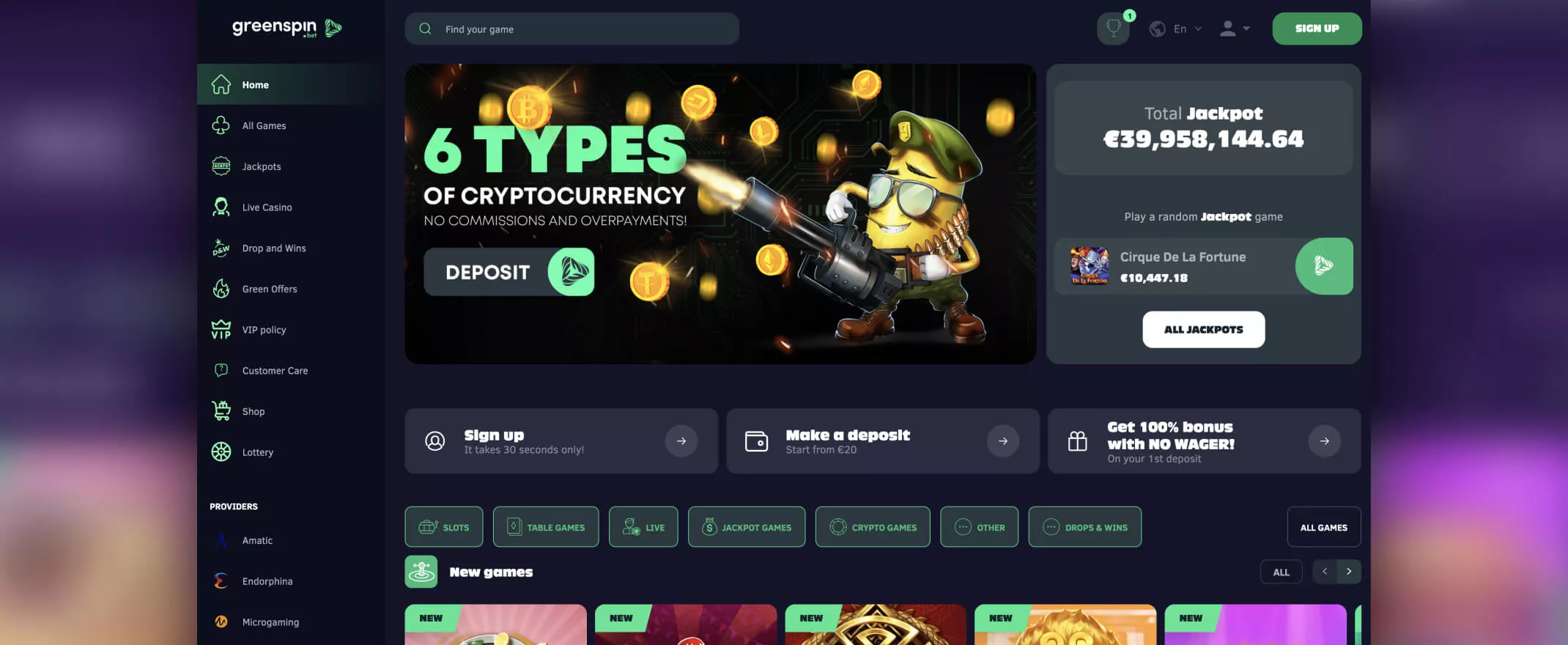 GreenSpins homepage screenshot