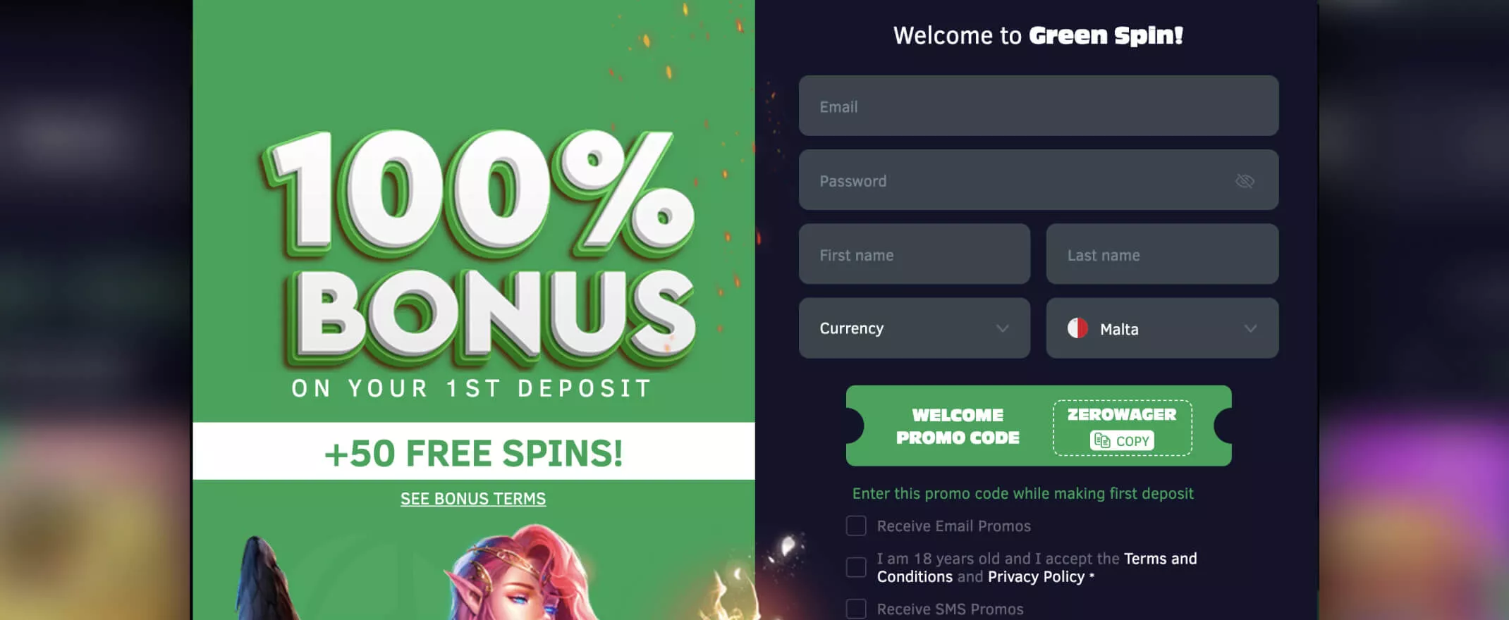 GreenSpins registration screenshot