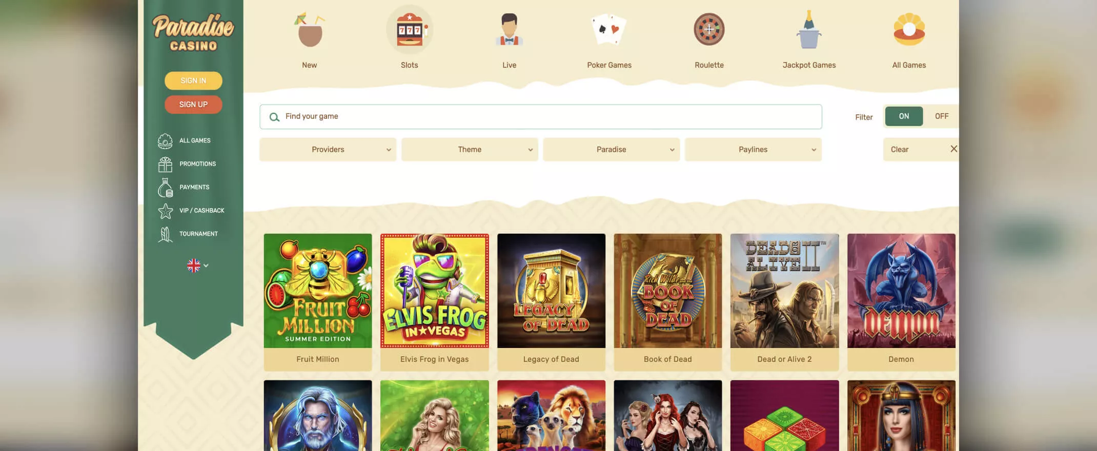 Paradise screenshot of the games page