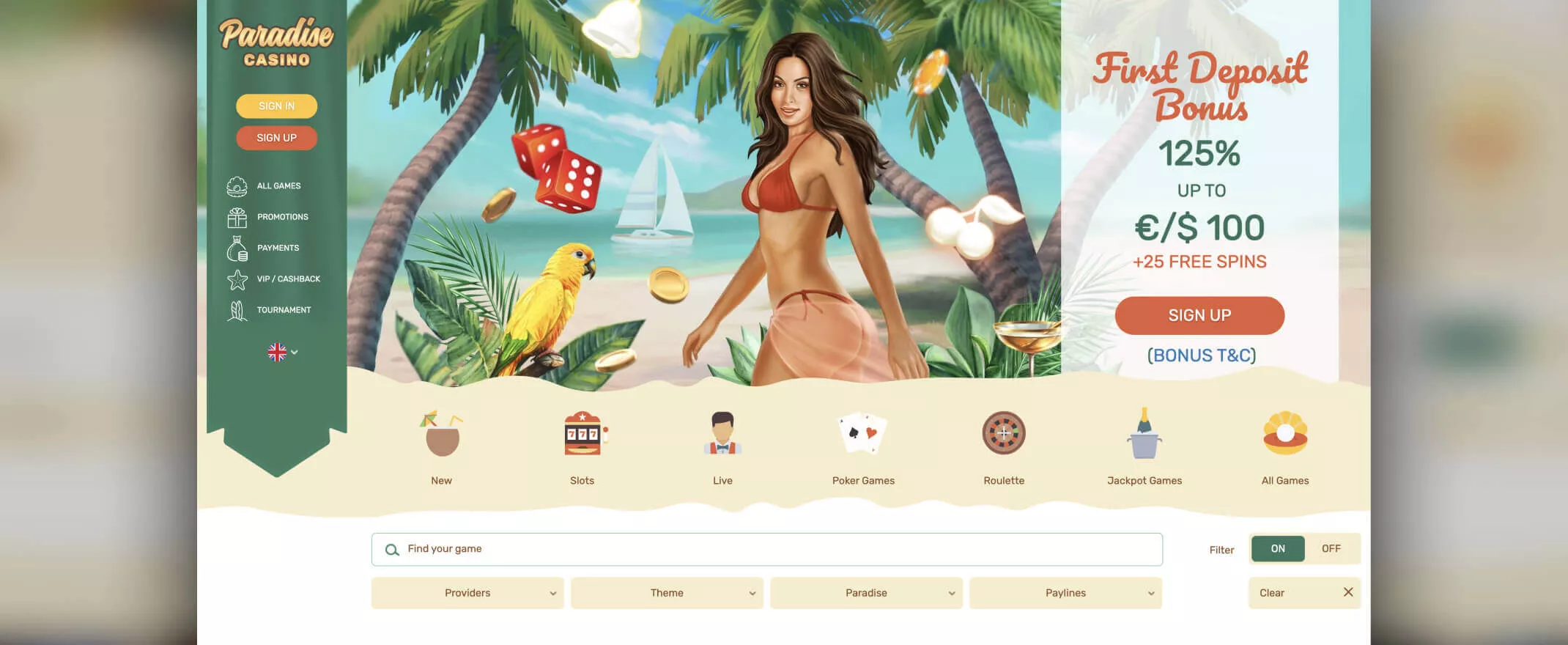 Paradise screenshot of the homepage