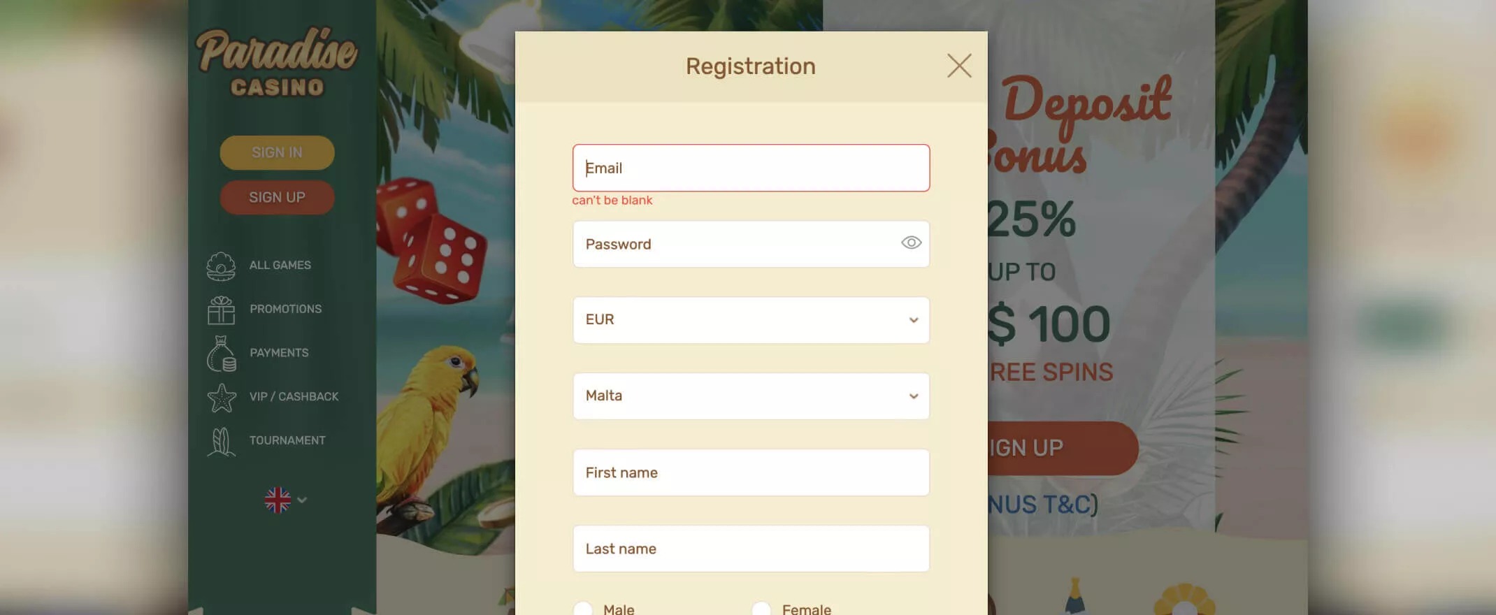 Paradise screenshot of the registration page