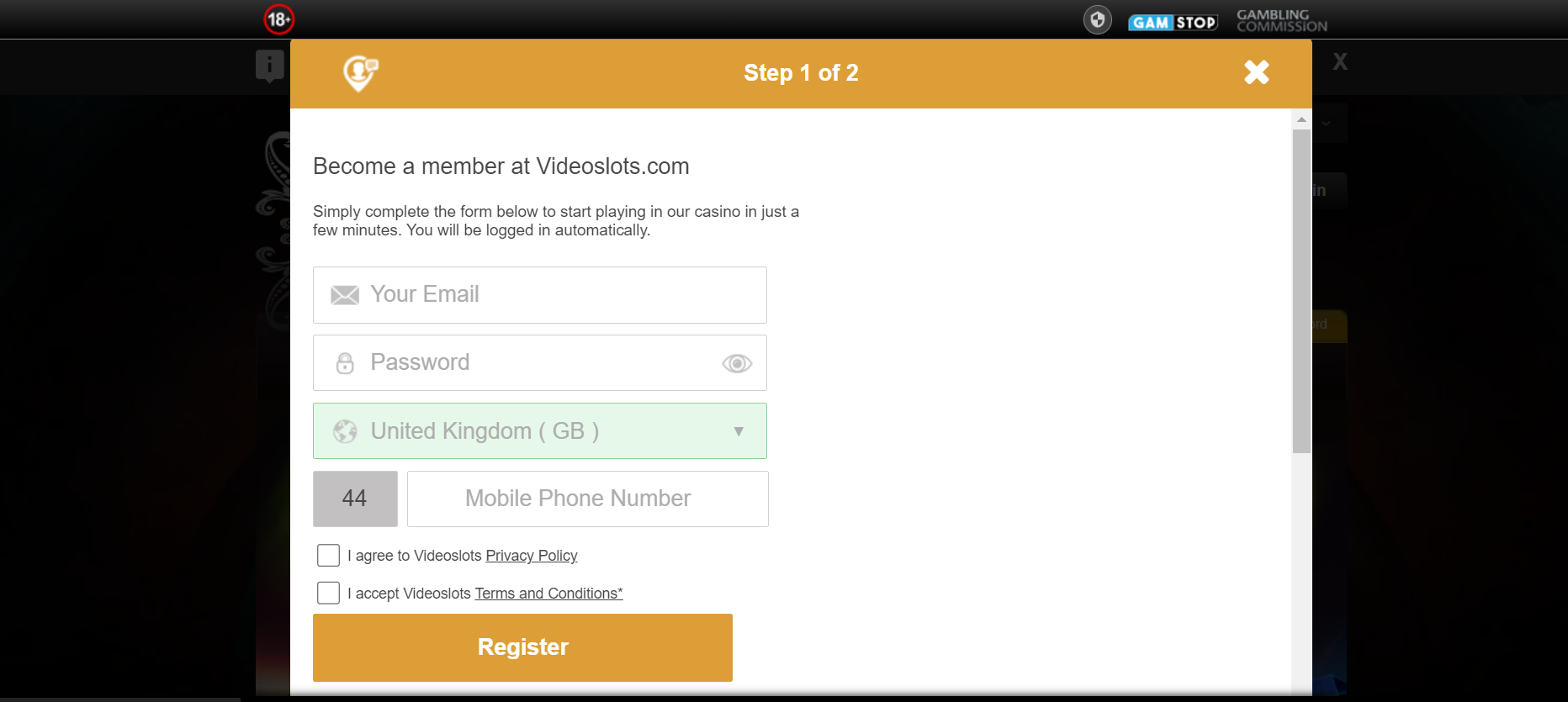 Videoslots Registration Printscreen