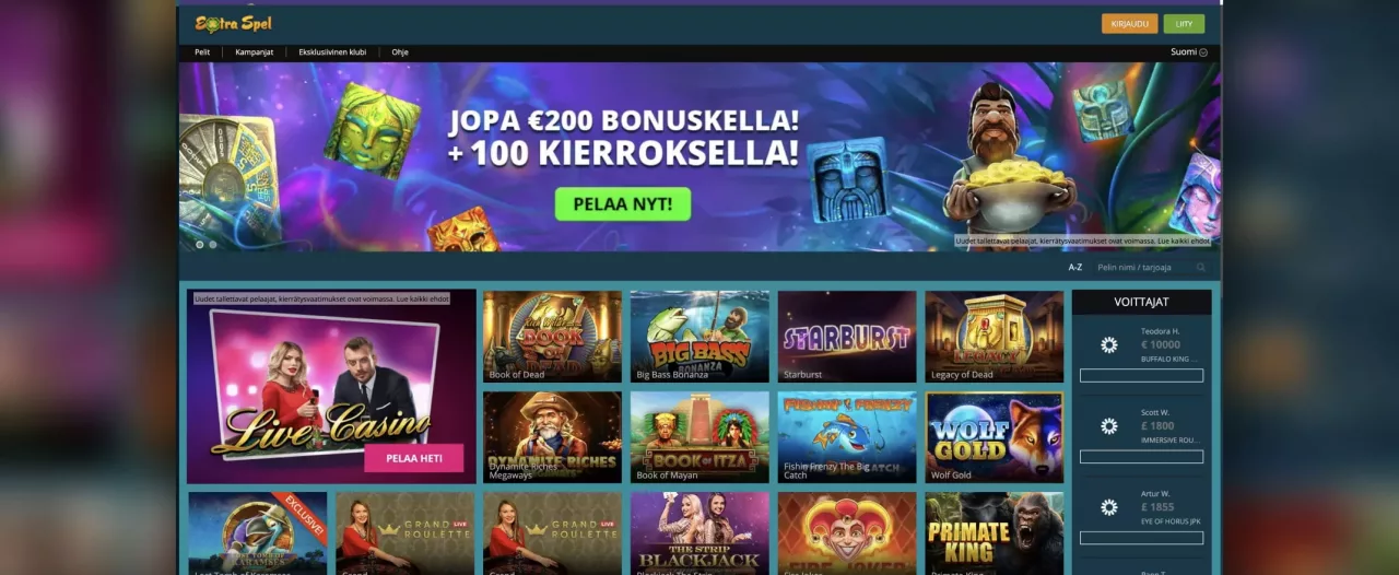 Extraspel Casino arvostelu, kuvankaappaus kasinon etusivusta