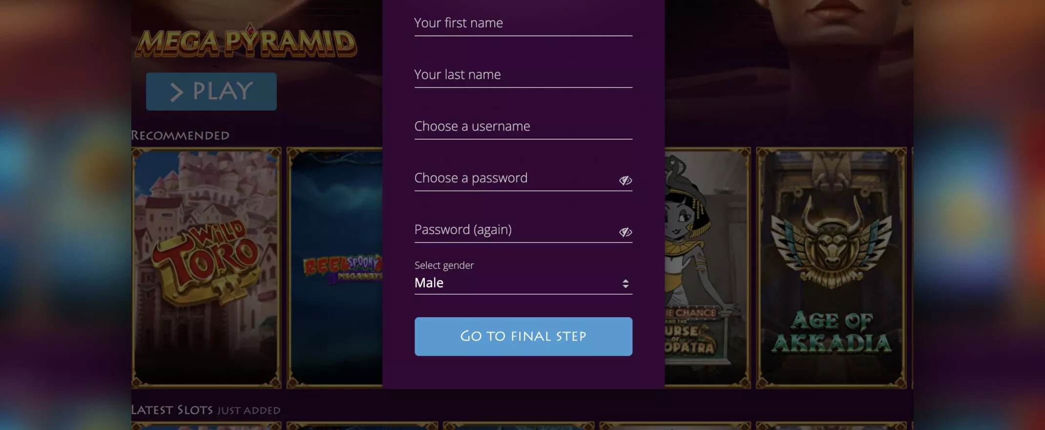 Casino Nile registration screenshot