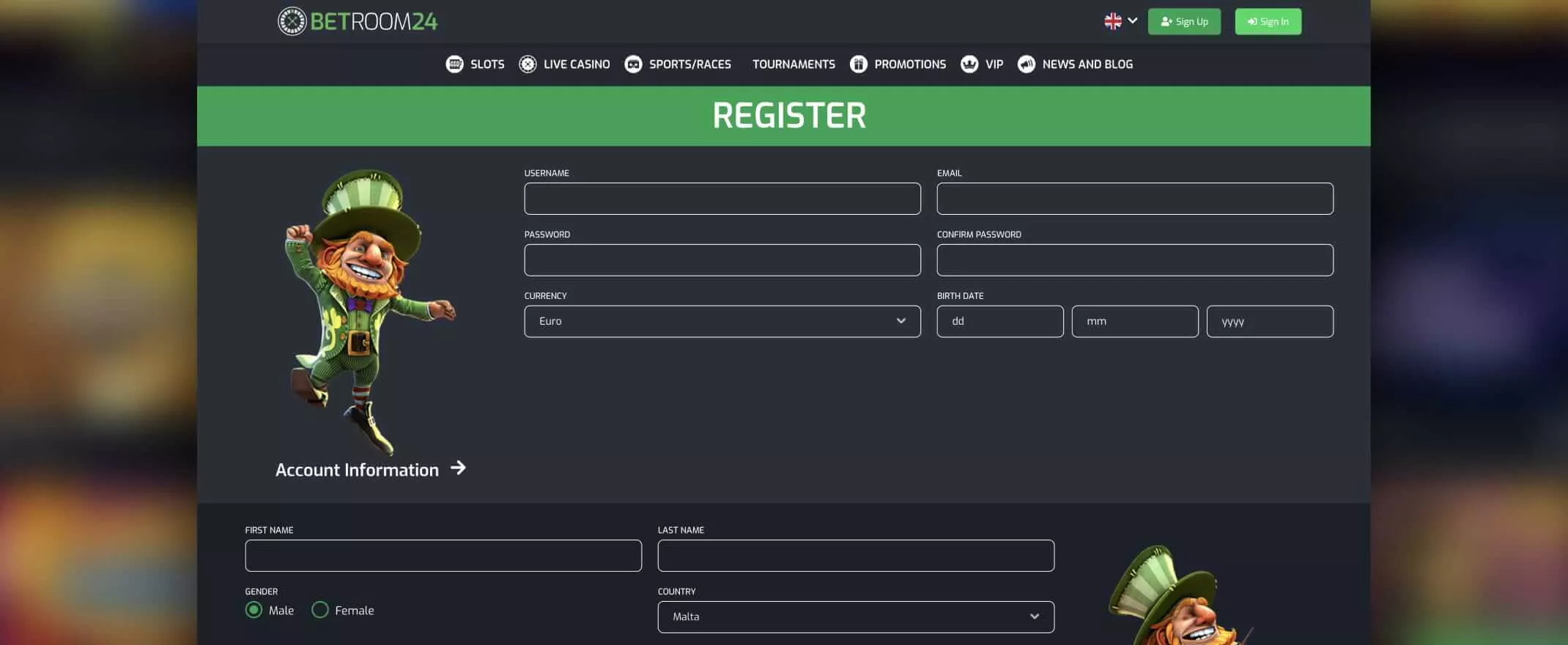 Betroom24 registration screenshot