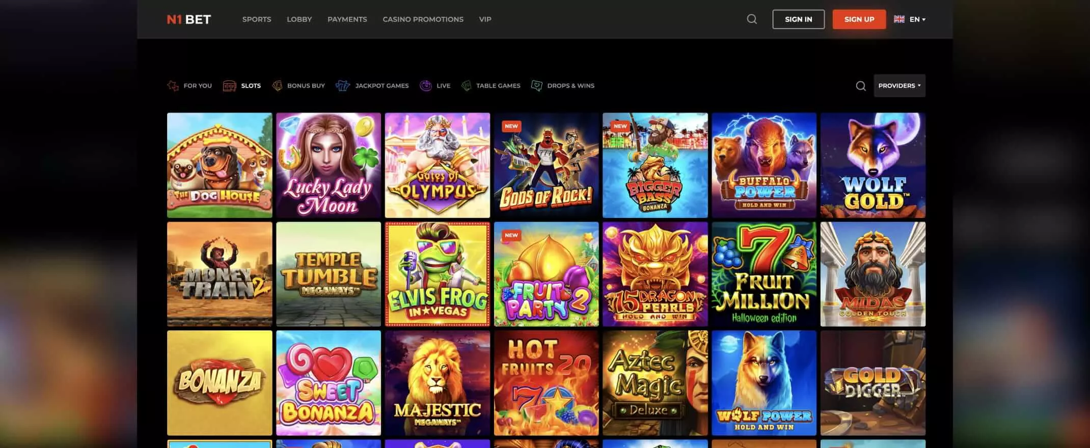 N1 bet casino games screenshot