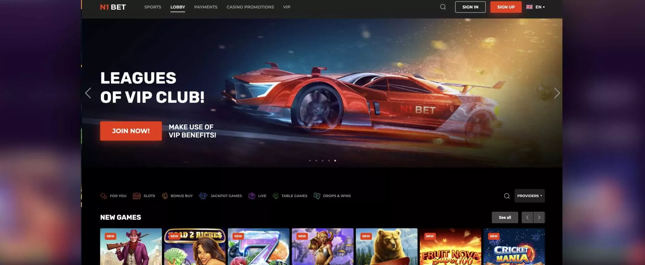 N1Bet casino homepage screenshot