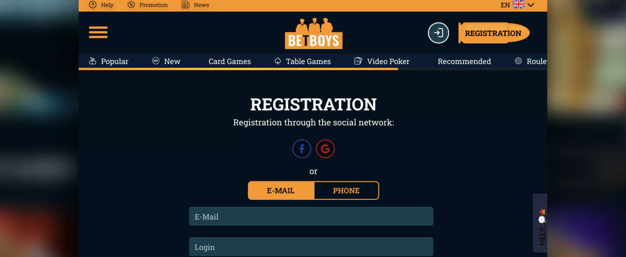 BetBoys Casino registration screenshot