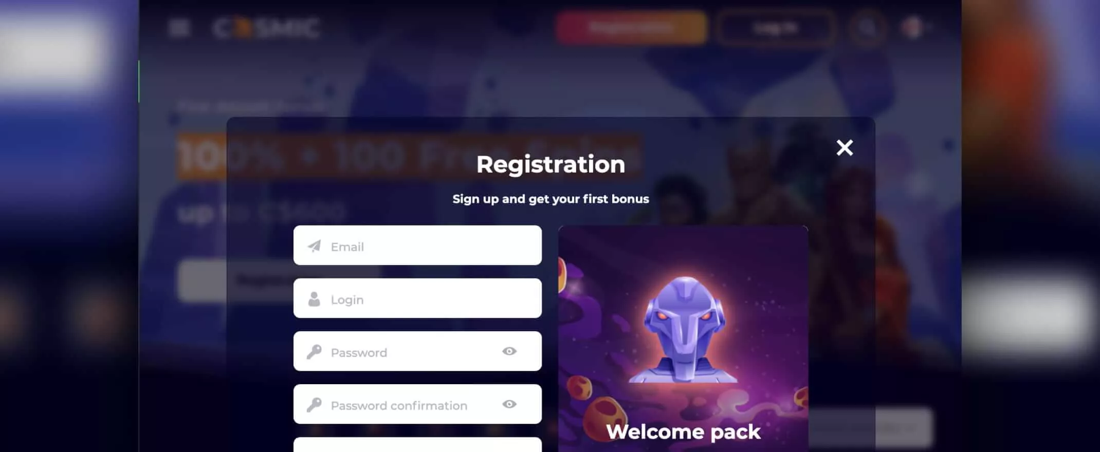 CosmicSlot Casino registration screenshot