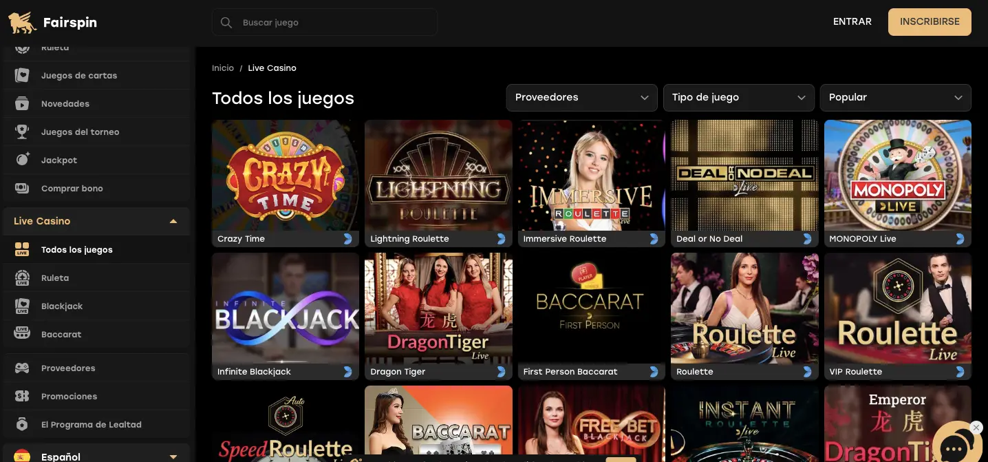 Casino en vivo en Fairspin