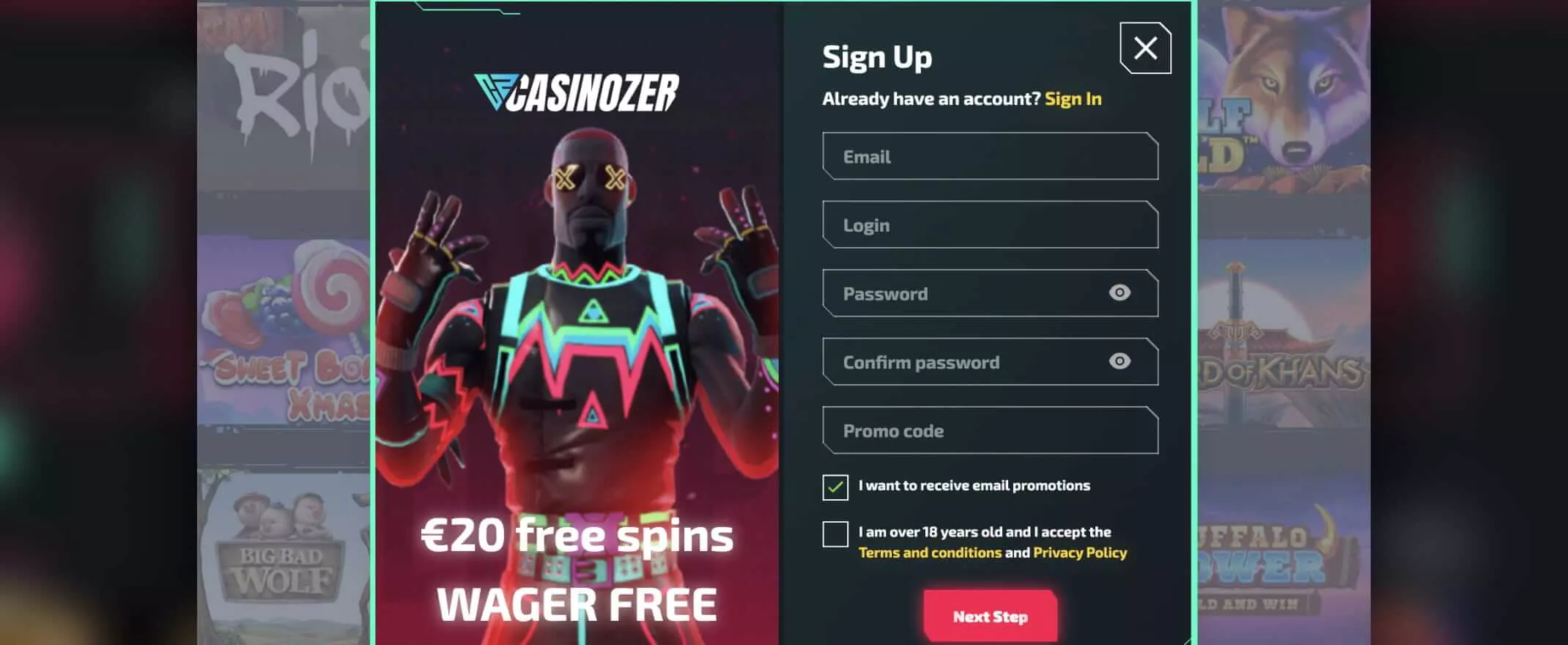 Casinozer registration screenshot