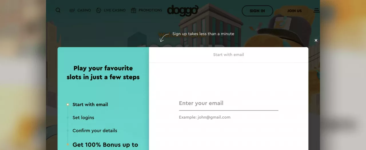 Doggo casino registration screenshot