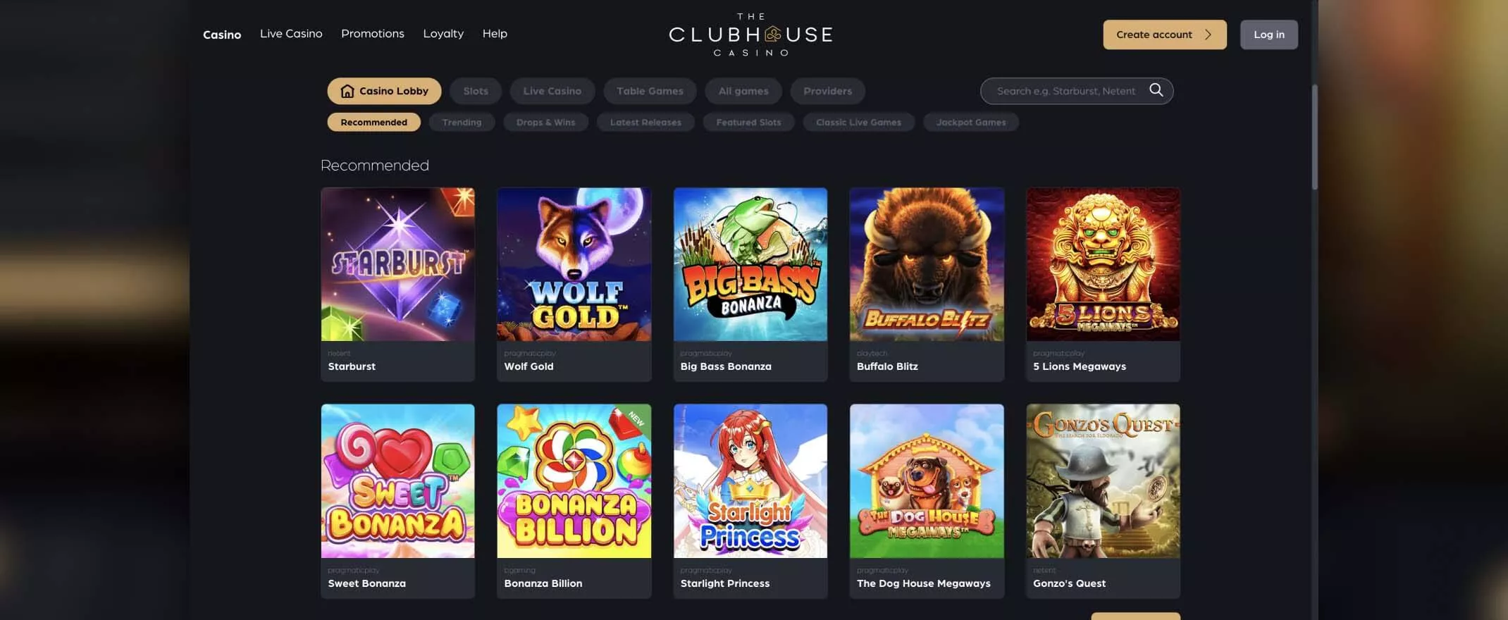Clubhouse casino screenshot of games