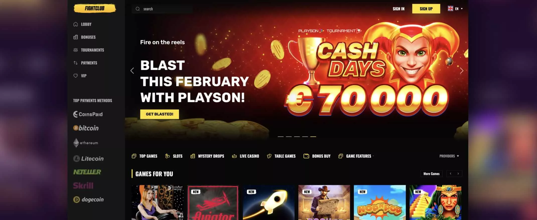 Fight Club Casino screenshot of the homepage
