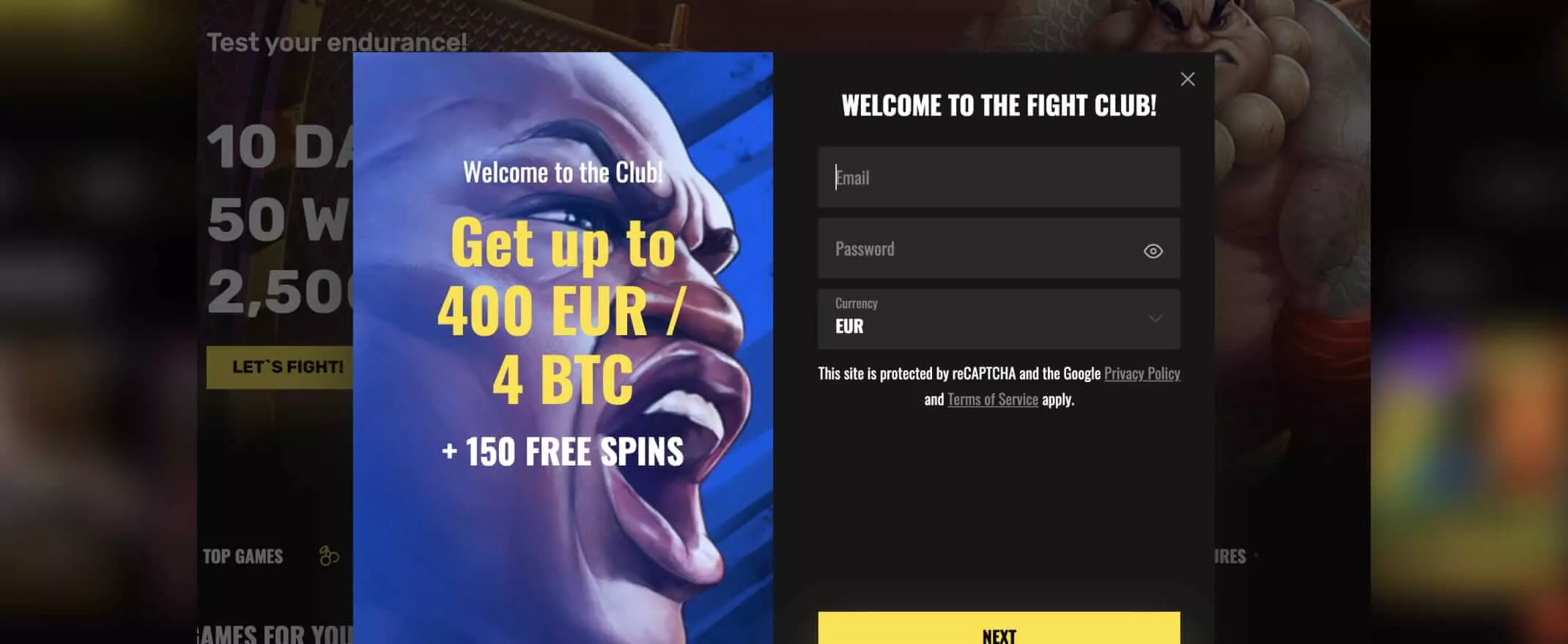 Fight Club Casino screenshot of the registration