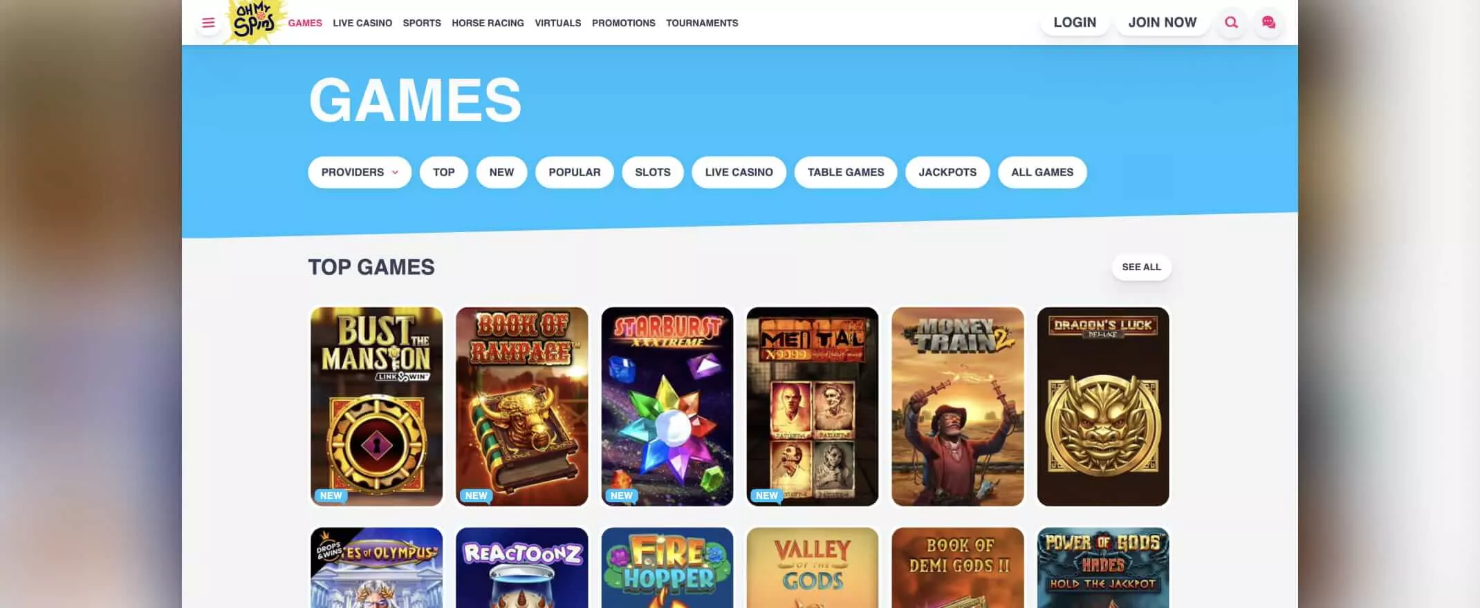 ohmyspins screenshot of games