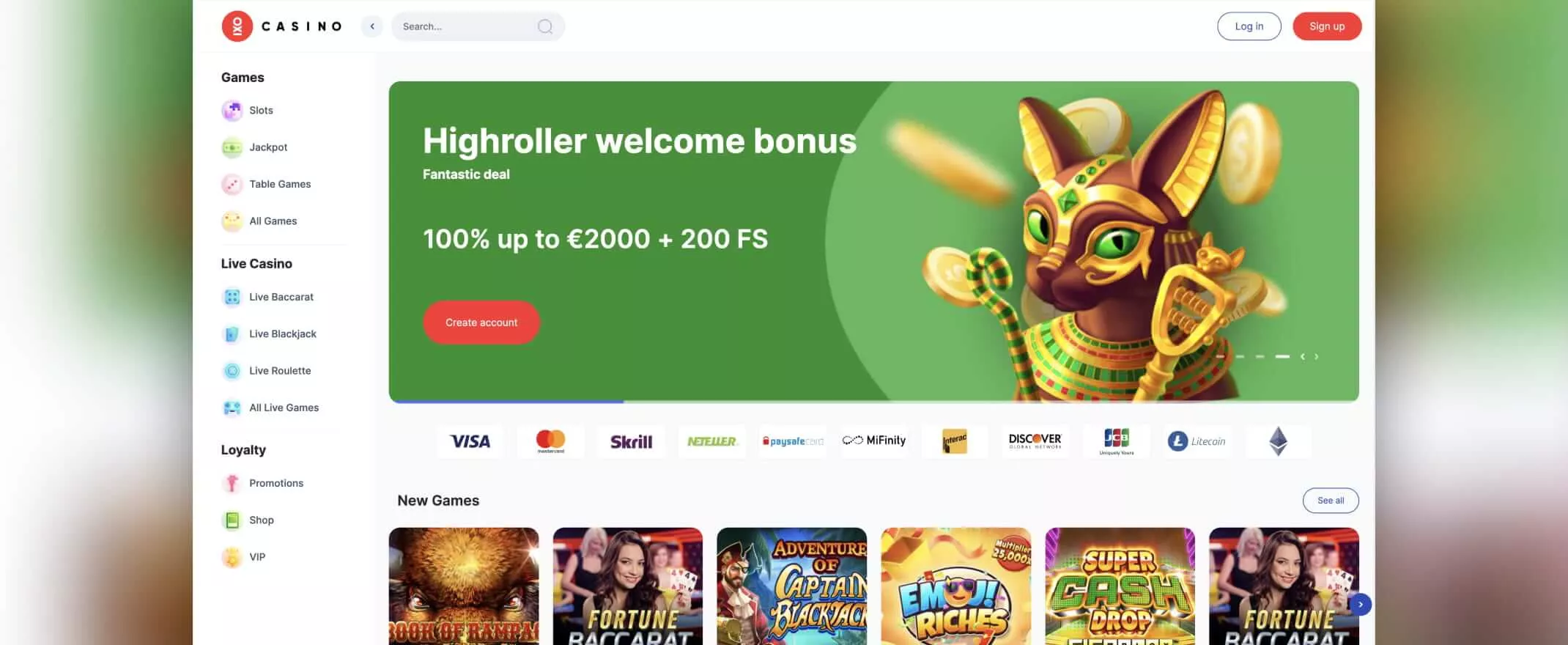 Oxi Casino screenshot of the homepage