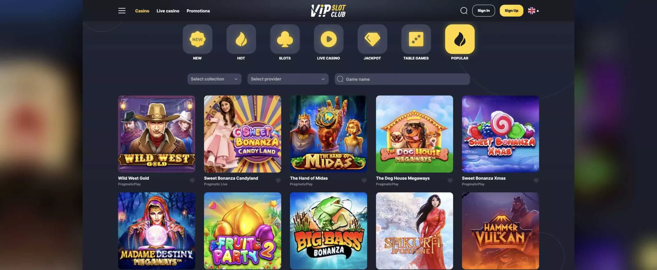 VipSlot Casino screenshot of the games