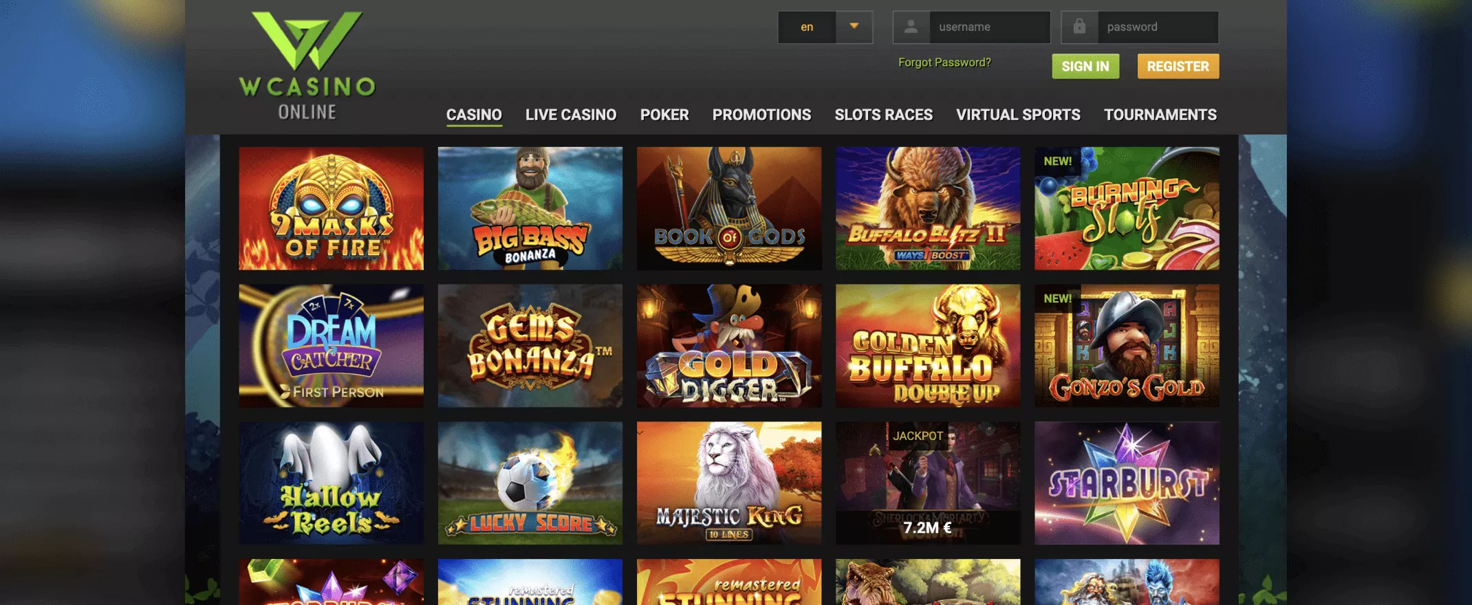 screenshot of games WCasino