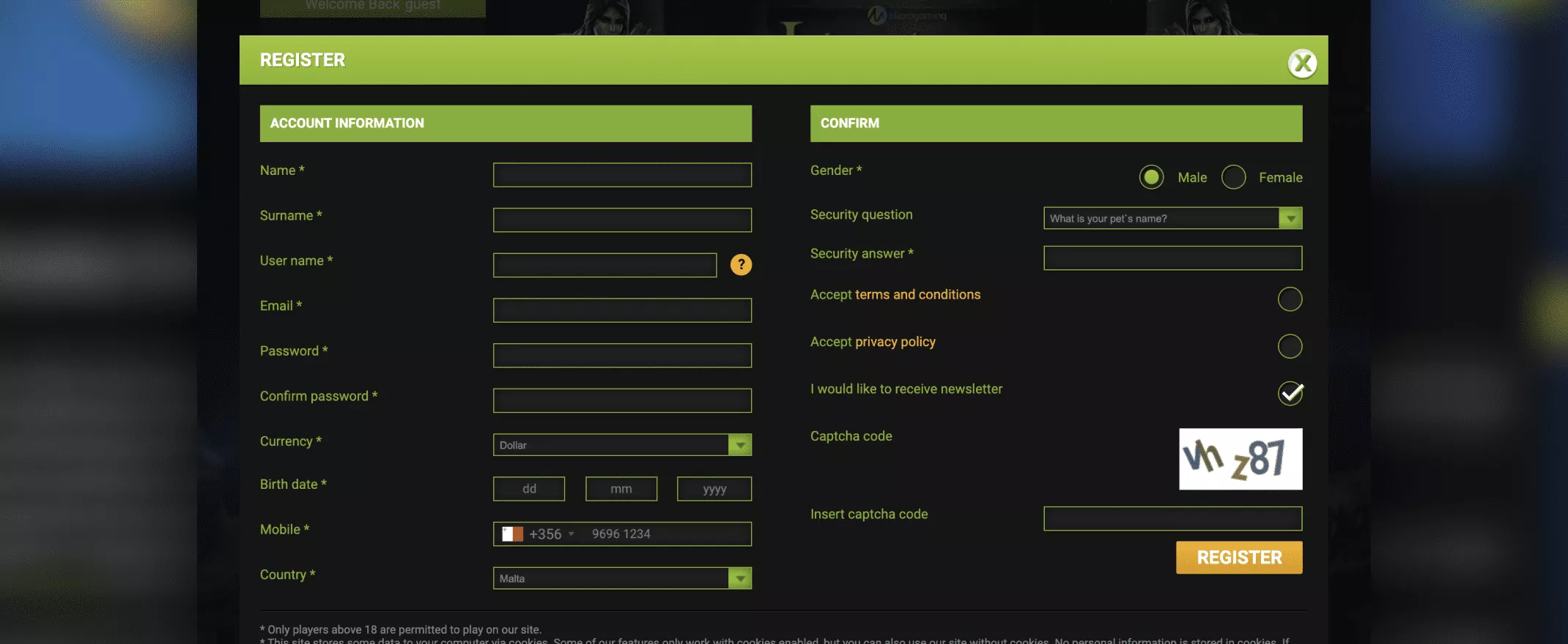 registration screenshot of WCasino