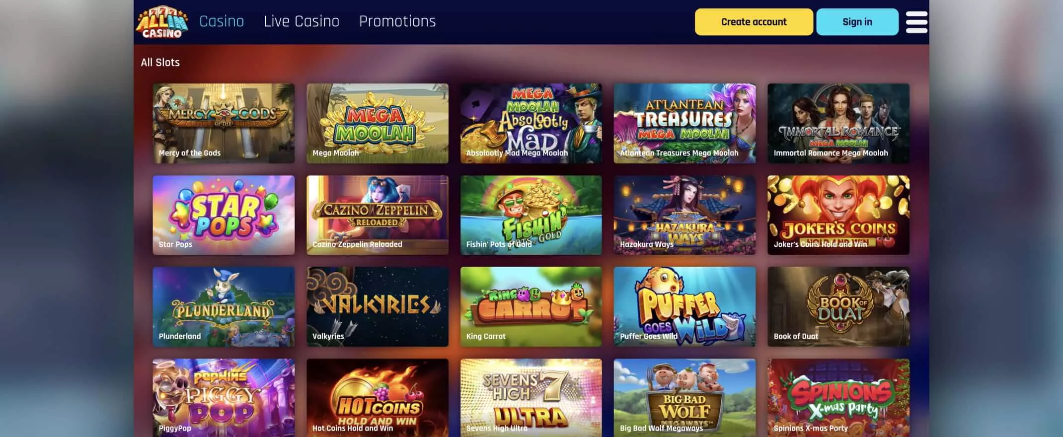 All in casino screenshot of the games
