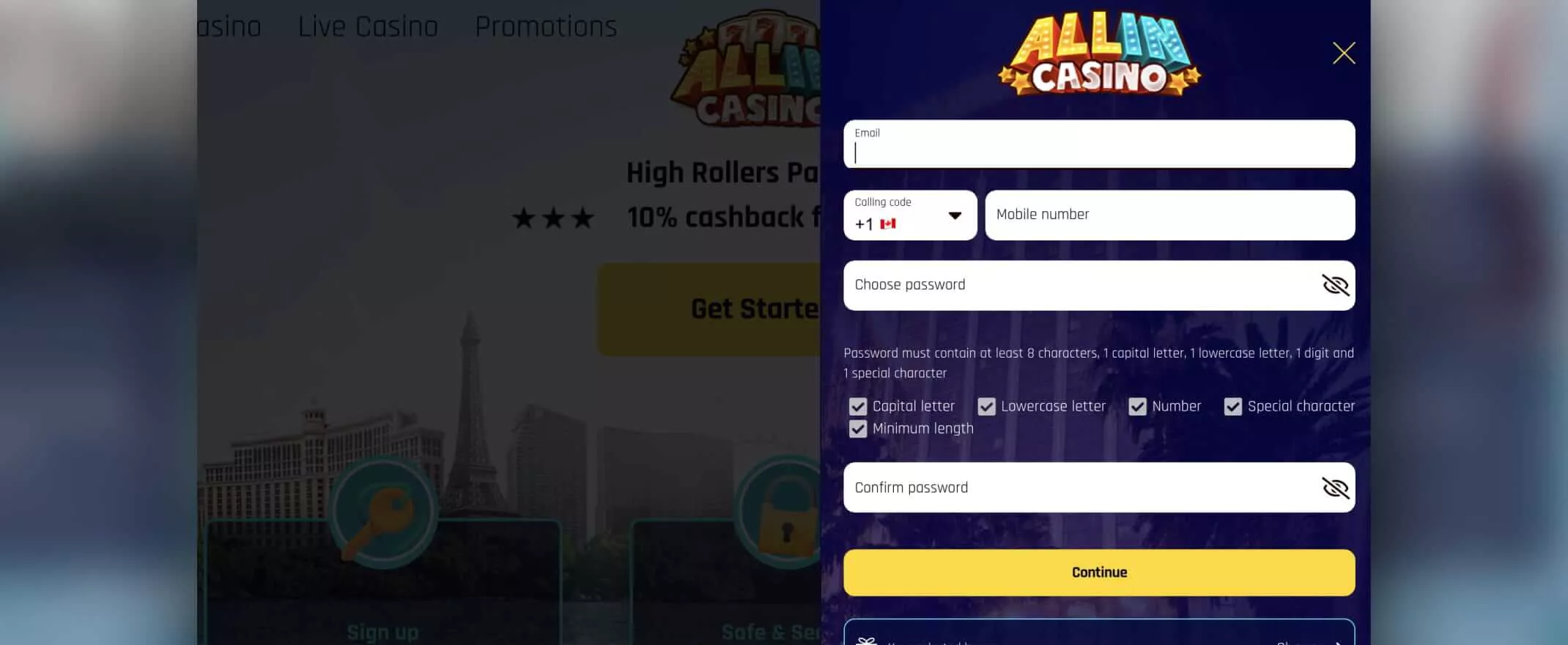 All in casino screenshot of registration